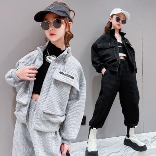 Girls Sports Sets Grey Letter Kids Clothes Autumn 2021 Tracksuit for Children Zipper Jacket Pants Two-piece Suit Teens Outfits