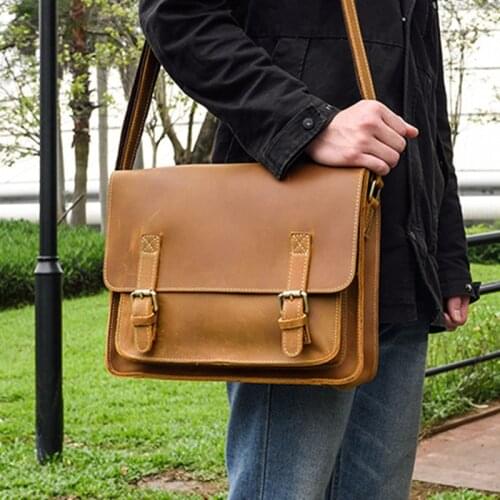 Vintage England Fashion Crazy Horse Leather Satchels Bag Preppy Style School Bags Genuine Leather Men Messenger Bags