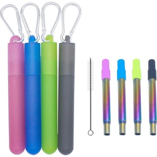 Three-Sections Retractable Stainless Steel Color Tube Straws with Plastic Storage Box with Buckle for Cold Hot drinks etc