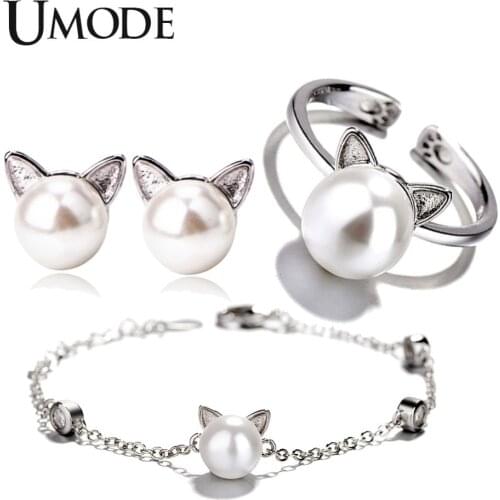 UMODE Cute White Pearl Cat Ear White Gold Jewelry Sets for Women Bracelet and Earrings and Open Cuff Ring Set Link Chain AUS0054