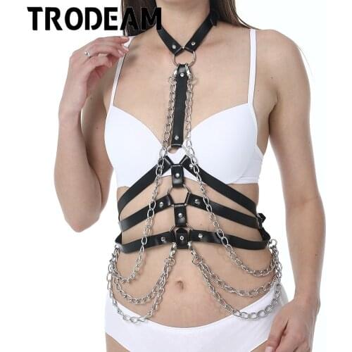 TRODEAM Harness Woman Leather Harness Belt Body with Chain Punk Style Erotic Belts Sexy Body Bondage Caged Gothic Bra Garters