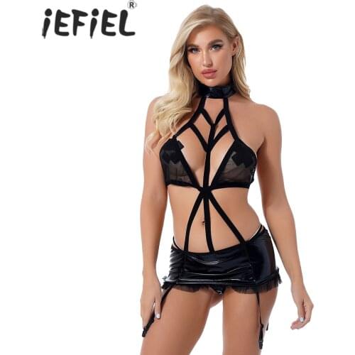 Women Patent Leather Lingerie Sets Halter See-through Mesh Hollow Out Bra Tops Lace-up Mini Skirts with Garters G-string Panties