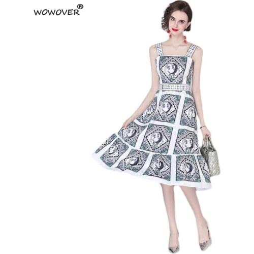 Runway Fashion Vintage Print Summer Midi Spaghetti Strap Holiday Dress Women Sleeveless Backless Sexy Sundress Beach Vestidos