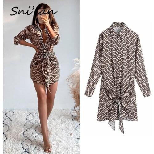 Office Ladies Shirt Dress Za 2021 Women Long Sleeve Turn Down Collar Geometrical Print Sashes Mini Dresses Robe Chemise Femme