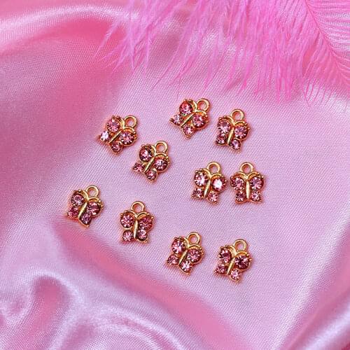 10Pcs Pave Red Rhinestone Butterfly Shape Charms Crystal Golden Pendant Jewelry Accessories For Making Earring Necklace Carfts