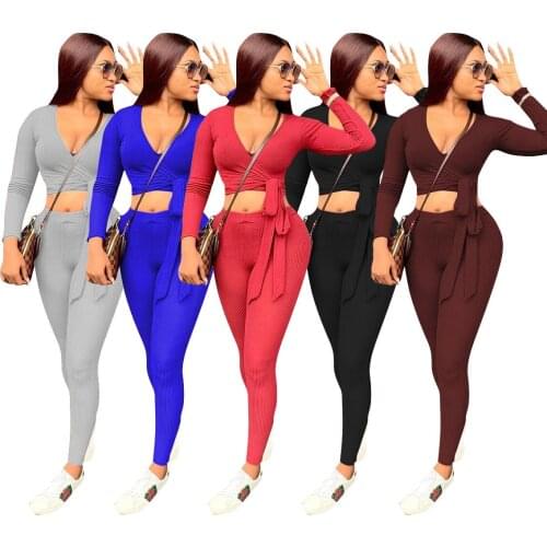 11TS1080 Autumn Winter Women Casual Fashion Solid Navel Skinny Bandage Two Piece Set Top and Pants Tracksuit Sweatsuit Outfits