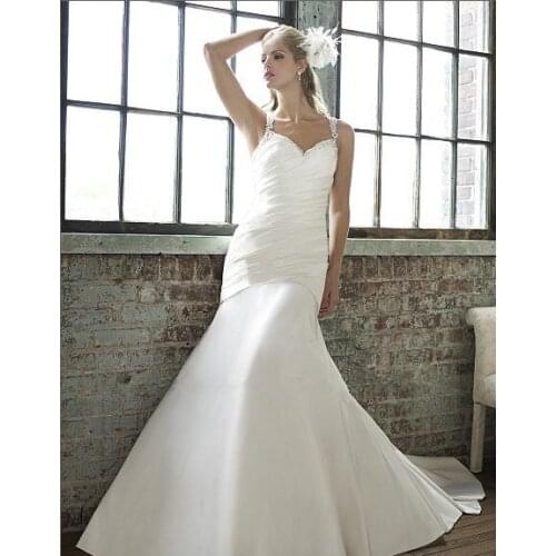 2016 satin mermaid features flattering pleating straps intricate micro-beaded keyhole back bridal gown plus size wedding dresses