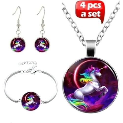 4Pcs/Set Handmade Fashion Glass Colorful Horse Unicorn Pendant Necklace Bracelet Earrings For Women Accessories Wholesale