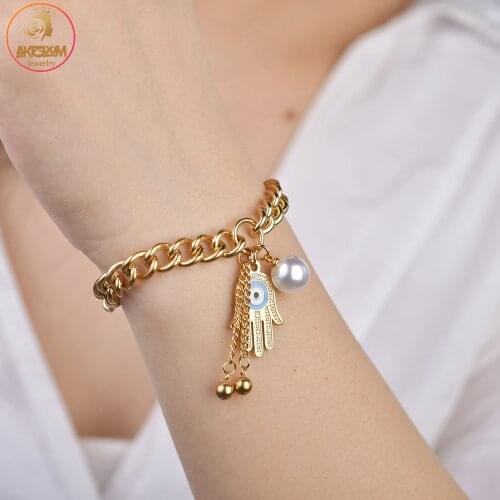 Akizoom Fashion Punk Bangles Stainless Steel Hand of Fatima Pearl OT Shape Buckle Bracelets for Women Charm Party Jewelry Gift