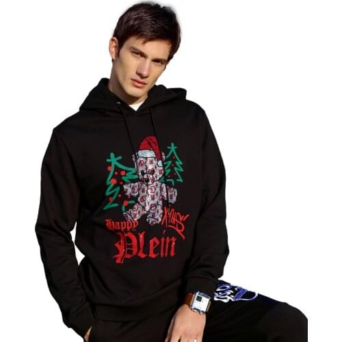 AlexPlein Christmas Teddy Bear Rhinestones Hoodies Men Clothing Fashion 100% Cotton Winter Streetwear Cartoon Casual Sports New