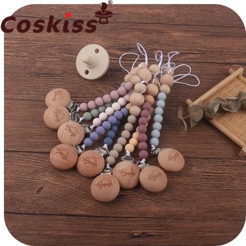 Coskiss Personalized Baby Name Pacifier Clips Beech Beads Handmade Silicone Pacifier Chains Toddler Teether Teething Chain