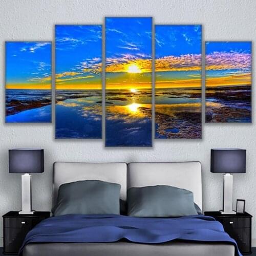 Home Decor Print On Canvas For Living Room Modular 5 Panel Sunrise Sea Landscape For Living Room Modern Printing Type poster