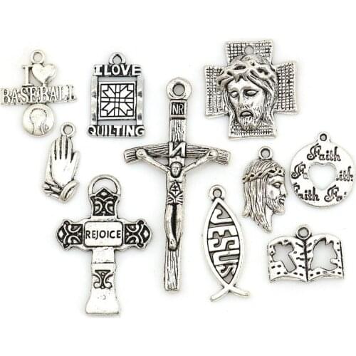DoreenBeads Fashion Zinc Based Alloy Pendants Mixed Silver Color Religion DIY Charm 5.1x2.5cm - 1.9x0.9cm, 1 Set ( 10 PCs/Set)