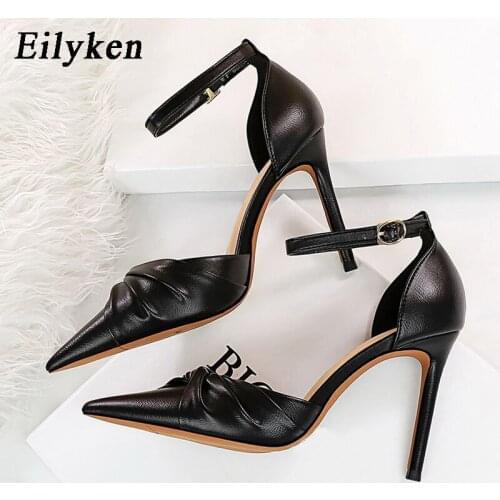 Eilyken Fashion Pointed Toe Pleated Ladies Sandals High Quality Buckle Strap Bride Wedding High Heels Shoes