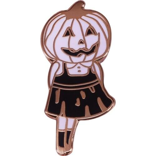 Pumpkin head girl enamel pin cute spooky badge happy Halloween gift for friends