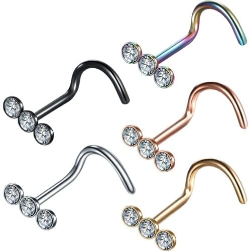 1Pc Stainless Steel 3 Crystal Nose Rings And Studs Septum Piercing 20G Bent Bar Nose Stud Piercing Ring Body Jewelry for Women