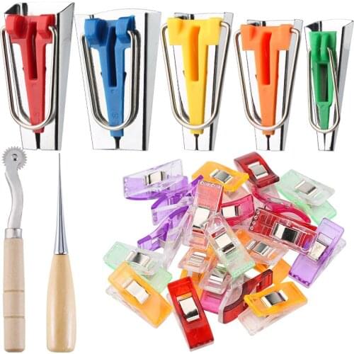 LMDZ 57 PCS Sewing Clips Bias Tape Makers Sewing Awl Serrate Edge Wheel Fabric Clips for Patchwork Clothing Needlework Tools