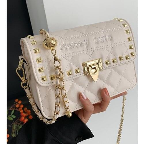 Small Quilted Chain Shoulder Bags for Women Diamond Square Messenger Bag Ladies Lozenge Handbags Solid Color Rivet Crossbody Bag