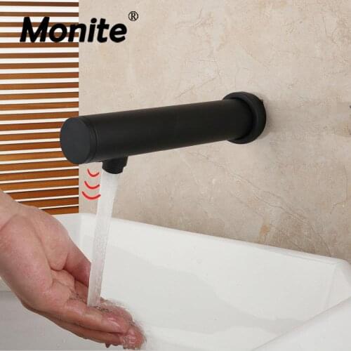 Monite Matte Black Lavatory Bathroom Faucet Wall Mount Sensor Faucet Automatic Hand Free Touch Sensor Basin Sink Cold Tap Faucet