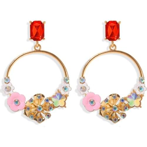 Cute AB Color Flower Pendant Drop Earrings New Fashion Round Hollow Dangle Earring Vintage Gold Wedding Drop Jewelry Accessories