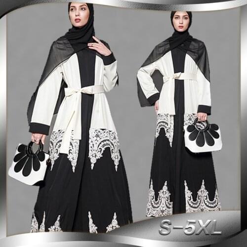 Fashion Lace Hollow Stitching Black and White Cardigan Plus Size Lace Loose Robe Muslim Abaya