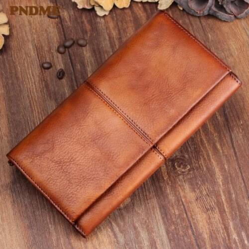 Mens handmade genuine leather long wallet vintage first layer cowhide zipper womens couple youth trend clutch coin purse