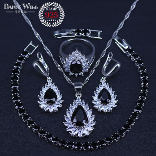 Wedding Engagement Jewelry Set Women Hot Selling Silver Color Water Drop Crystal Pendant Necklace Earrings Bracelets Ring Set