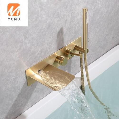 Bathroom wall mounted plumbing fixtures brushed gold / black concealed bathtub faucet hot cold water mixer with handheld shower