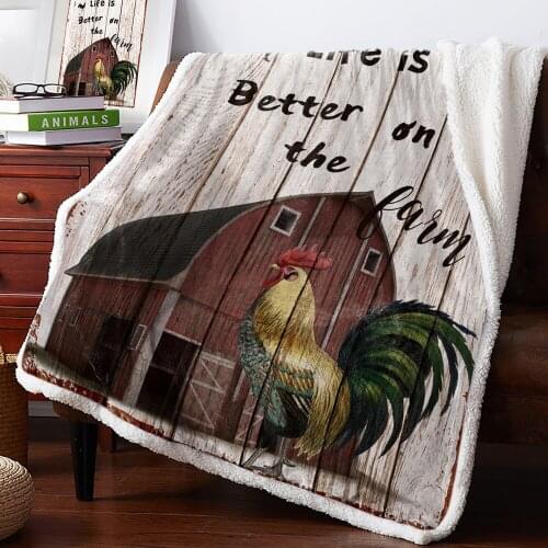 Farm Rooster Barn Vintage Wood Planks Home Lamb Cashmere Thick Bed Blanket Sofa Winter Warm Sherpa Newborn Wraps Kids Bedspread