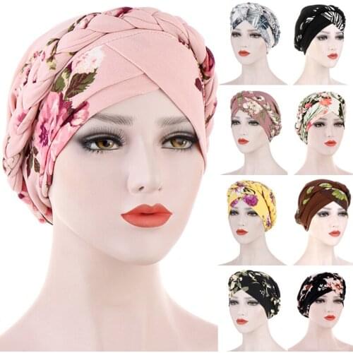 Braid Wrap Floral Leopard Jersey Hijab Muslim Women Elastic Headband Forehead Across Islamic Turban Easy Cap Chemo Hat Headwraps