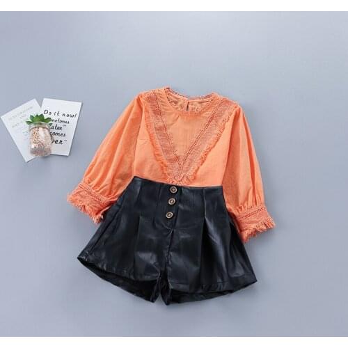 2-7 years high quality girl clothing set 2020 new autumn fashion casual orange solid shirt + leather pant kid children clothing
