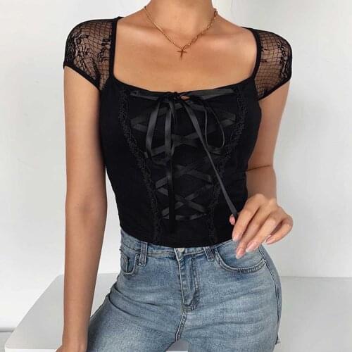 Sexy Gothic Rave Party T-Shirt Women Girls Black Lace Patchwork Square Neck Short Sleeve Slim Fit Crop Top Street Clubwear Tees