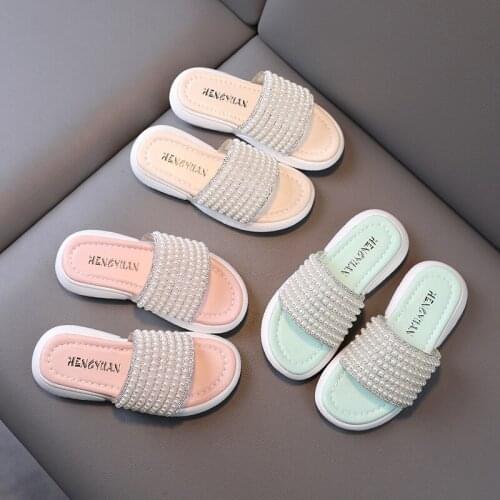 Girls' One-word Slippers 2021 Summer New Girls Pearl Outer Wear Princess Slippers Children Flat Breathable Non-slip Shoes 27-37
