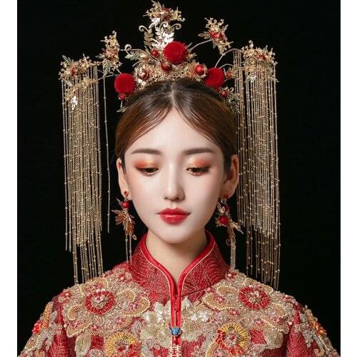 Traditional Chinese Wedding Bride Gold Queen Crown Red Headpieces Vintage Wedding Tiara Headdress Bridal Hair Accessories