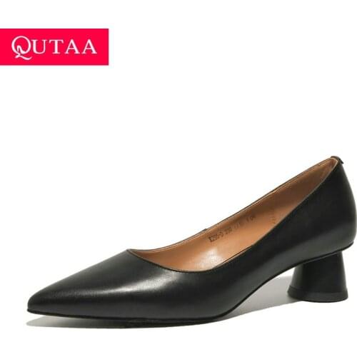 QUTAA 2021 Pointed Toe Med Heels Shallow Basic Ladies Shoes Spring Autumn Cow Leather All Match Women Pumps Size 34-39