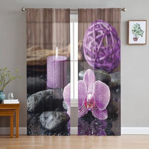 Zen Stone Purple Orchid Calm Candle Tulle Window Treatment Sheer Curtains for Living Room the Bedroom Curtains Decoration