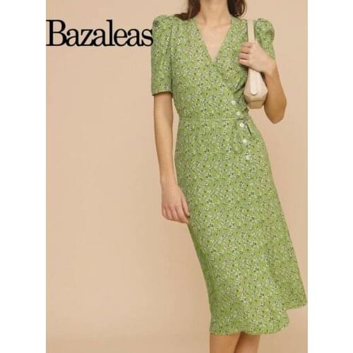 Bazaleas Vintage Side Buttons Wrap Girl Dress Elegant Slim Green Floral Print Vestidos Fashion V Neck Women Summer Dress
