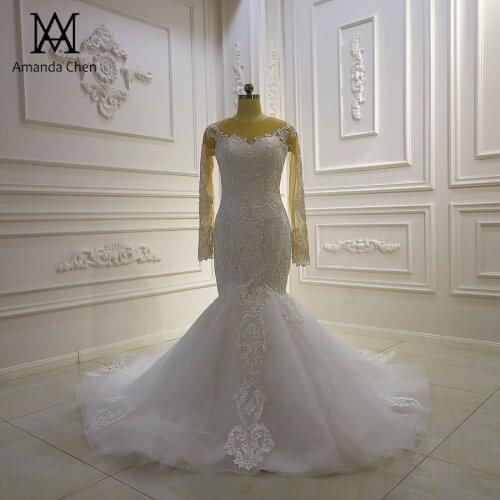 High Quality Custom Made Lace Applique African Wedding Dress Long Sleeve
