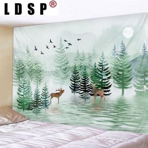 LDSP Background Forest Deer Tapestry Wall Hanging Wall Covering Rugs Mural Cloth Beach Towel Fabric Yoga Blanket Home Decor