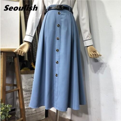 Seoulish 2021 New Vintage Womens Skirts with Belted High Waist Single Breasted A-Line Female Long Umbrella Skirts Spring Summer