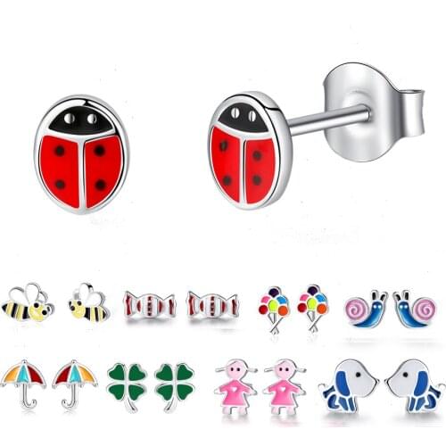 ELESHE 925 Sterling Silver Stud Earrings Enamel Clover Flower Bee Ladybug Small Earrings for Women Girls Kids Fashion Jewelry