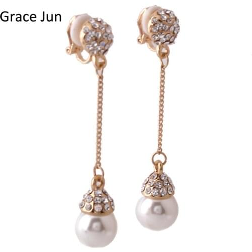 Grace Jun 4 Colors Choose Luxury Bride Rhinestone Simulated Pearl Long Tassel Clip on Earrings Non Piercing for Girls Good Gift