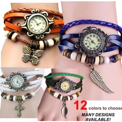 20pcs Gnova Platinum indian ethnic Leather Bracelets Watch butterfly leaf eiifel starfish charm Vintage wristwatch wholesale LOT