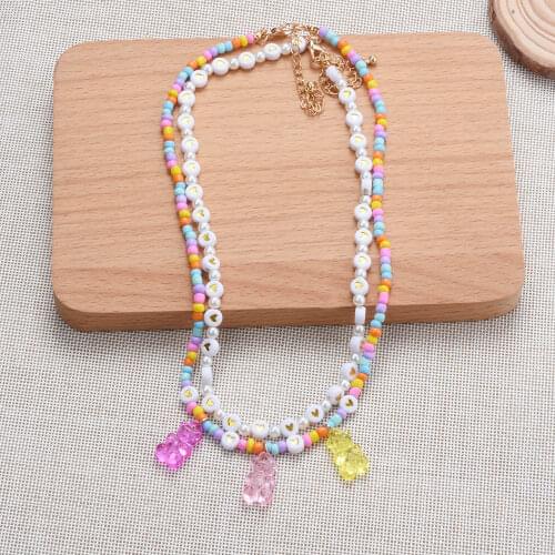 2021 Korean Sweet Colorful Little Daisy Acrylic Beaded Clavicle Necklaces for Women Girls Summer Jewelry Bear Pendants Necklaces