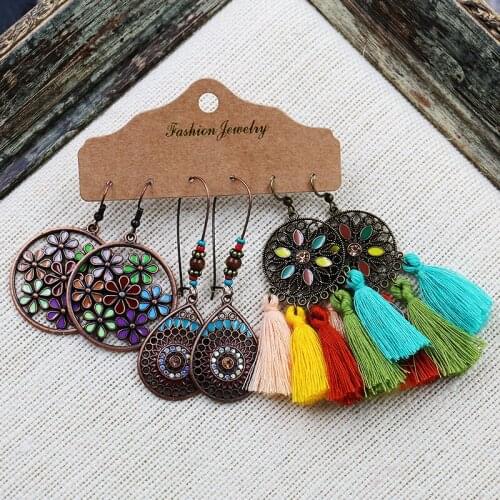 Ethnic Jewelry Accessories 3 Pairs One Set Alloy Handmade Weave Tassel Flower Pendants Long Hanging Earrings for Women 2021 New