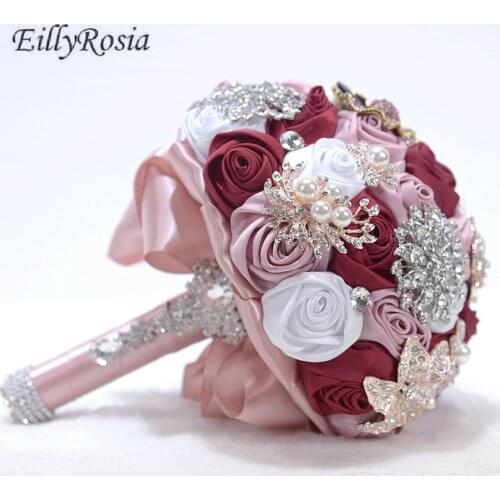 Satin Silk Bridal bouquet de noiva Pink Burgundy Blue Colorful Artificial Flowers with Crystals Jewelry bruiloft New Design