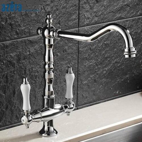 Azeta Free Shipping Modern Style 360 Degree Swivel Kitchen Tap Brass Chrome Double Handle Deck Mounted Kitchen Faucet MK9924