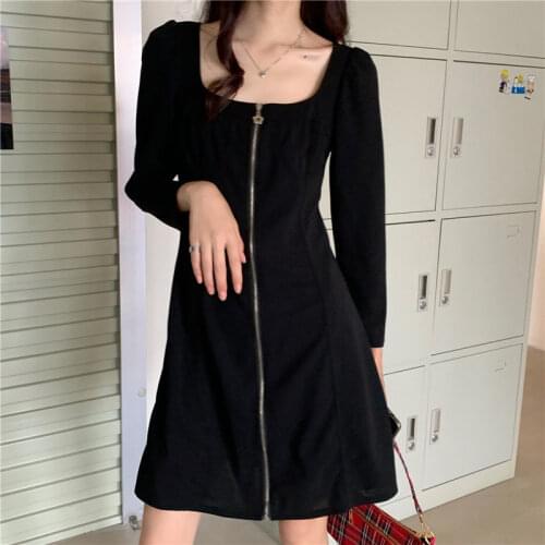 HOUZHOU Black Sexy Dress Women Spring Autumn Long Sleeve Dresses Square Collar Puff Sleeve Zipper Elegant Fashion Streetwear