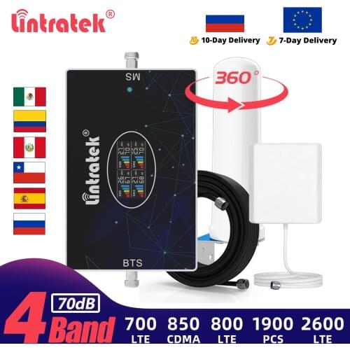 Lintratek 70db Four Band Signal Repeater B28 LTE 800 2600 1700 1900 Cellphone Amplifier 2G 3G 4G 700 Cellular Booster Full Kit