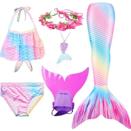 Mermaid Tail Girls Costume Cosplay Princess Ariel Kids Swimming Fancy Dress Swimmable Bikini Set Bathing Suit New